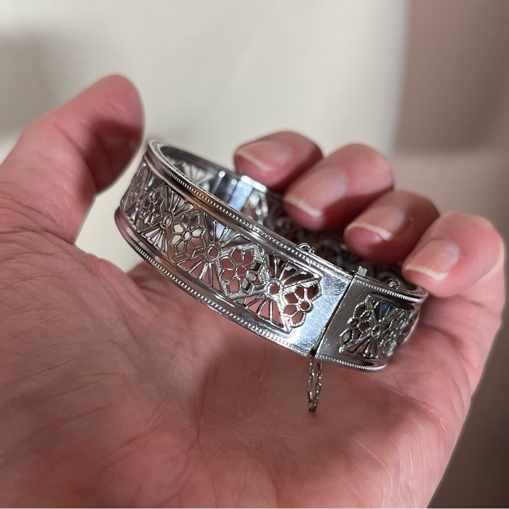 Vintage antique Victorian Art deco Silver Filagree Rose Enamel Blue Bracelet - Picture 7 of 17